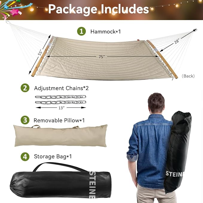 Double Hammock, 11 FT Quilted Fabric 2 Person Hammock for Outside with Pillow, Folding Curved Spreader Bar, Chains, Carrying Bag, Indoor Outdoor, 450 IB Capacity, JeansBlue