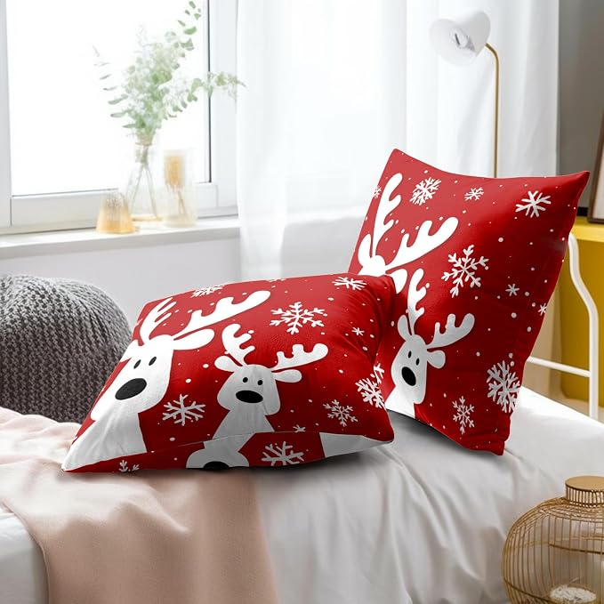 Christmas Reindeer Red Pillow Covers 22 x 22 Inch 2PCs Xmas Winter Snow Elk Deer Decorative Pillow Cases Square Cotton Cushion Cover for Bed Sofa Cushion Car Holiday Decor