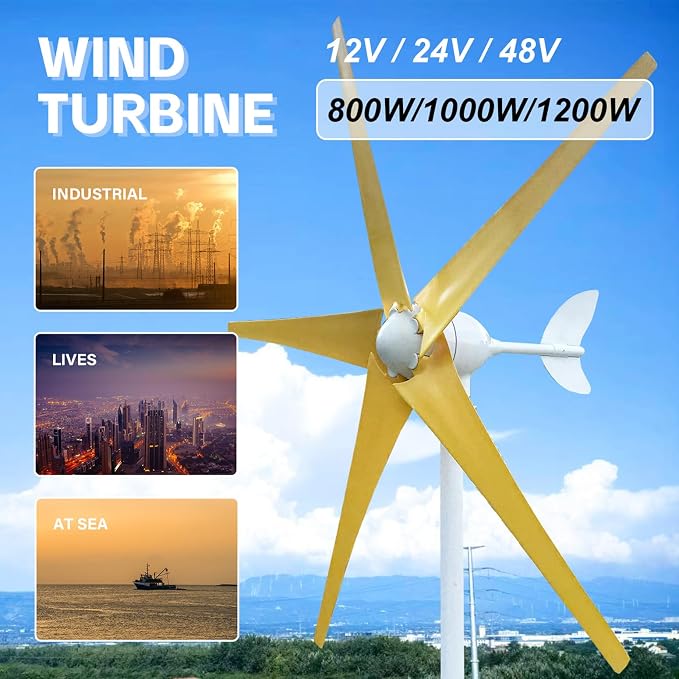 800W-1200W Wind Turbine Generator Kit - 12V/24V/48V with MPPT Controller & 5 Durable Yellow Blades, Pure Copper Core Windmill for Outdoor Renewable Energy Solutions.
