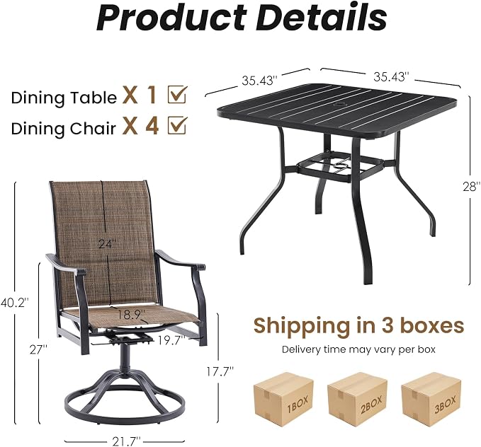 Soohow Patio Dining Set for 4, 5-Piece Outdoor Table and Chairs Set, 4 x Swivel Outdoor Dining Chairs with Paded Textilene and 35"x35" Patio Table with 1.57" Umbrella Hole for Poolside, Backyard