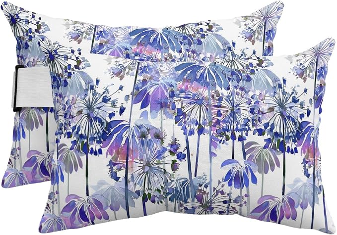 Outdoor Pillows Waterproof Covers Set of 2, Blue Dandelion Adjustable Elastic Chaise Lounge Headrest Pillow Covers, Spring Bloom Flowers Lumbar Pillow for Pool Beach Patio Furniture 11x16 Inch