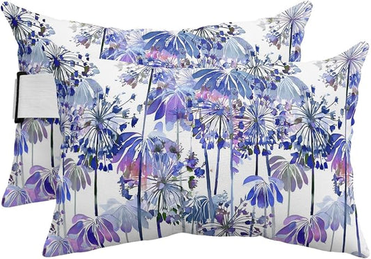 Outdoor Pillows Waterproof Covers Set of 2, Blue Dandelion Adjustable Elastic Chaise Lounge Headrest Pillow Covers, Spring Bloom Flowers Lumbar Pillow for Pool Beach Patio Furniture 11x16 Inch