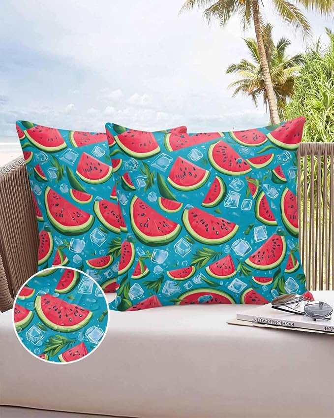 Vandarllin Outdoor Throw Pillows Covers 16x16 inch Set of 2 Waterproof Watermelon Decorative Zippered Cushion Covers for Patio Furniture, Summer Fruit Ice Cubes Lumbar Pillowcases