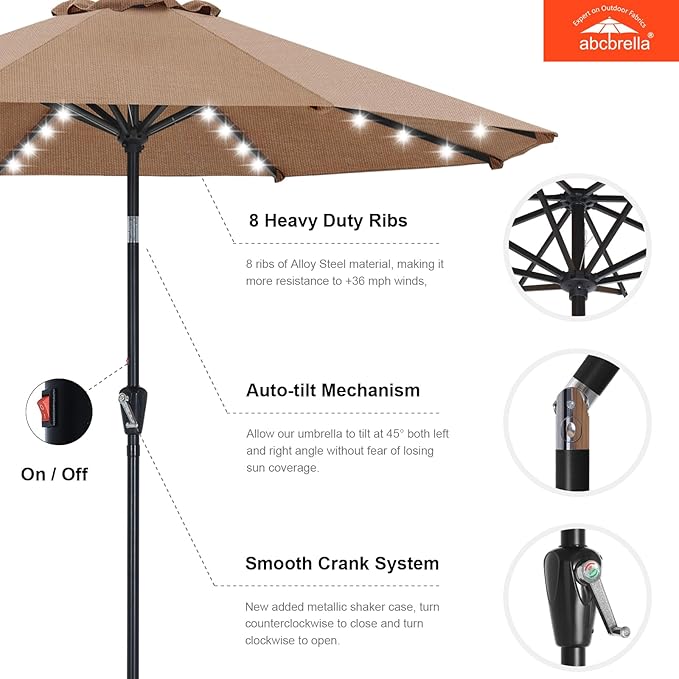 ABCCANOPY OLEFIN® 5-Year No Fading Patio Umbrella with Solar Lights (Brown)