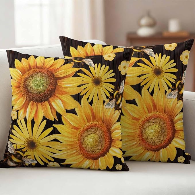 Outdoor Throw Pillow Covers,Yellow Sunflower Daisy Flower Waterproof Decorative Pillowcases Cushion Cover Spring Rustic Floral Bee Black Pillow Cases for Patio Couch Sofa Bed,26x26in Set of 2