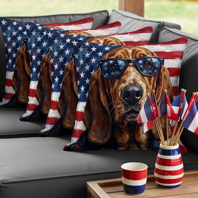 Outdoor Pillow Covers Waterproof Pillow Cases Protector Independence Day USA Flag Pillowcase Pack of 2 Basset Hound Patriotic Sunglasses Throw Cushion Case for Pation Furniture,Couch,Sofa,16X16IN