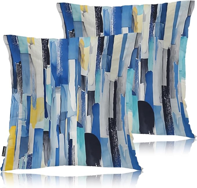 Swono Abstract Art Cozy Pillowcase Cushion Cover, Modern Watercolor Stripes Teals Decorative Throw Pillows Covers Outdoor Pillow Case for Home Office Dorm Sofa Picnic Car 18" X 18" 2 Pack, Blue