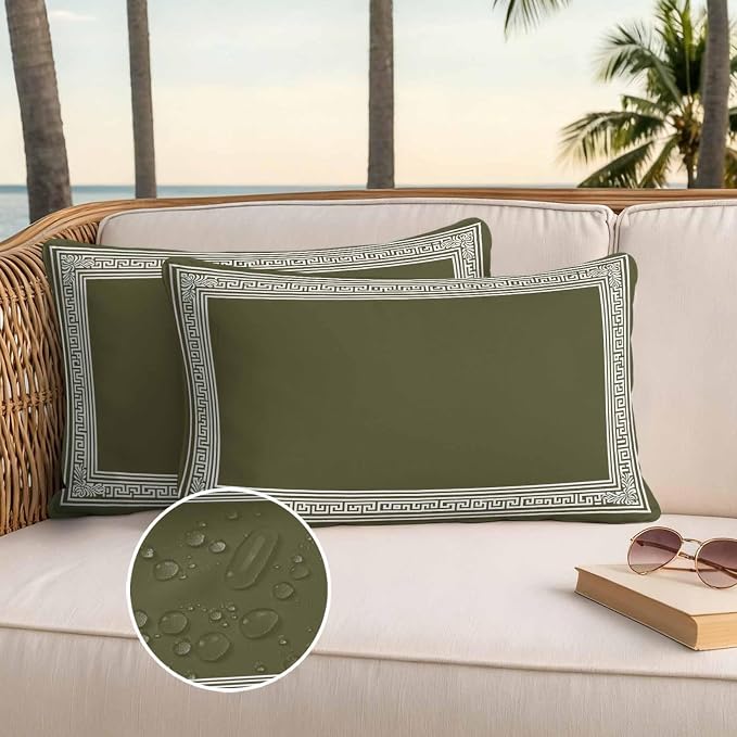 Olive Green Greek Key Waterproof Outdoor Pillow Covers Set of 2 Home Decor, Geometric Greece Ancient Farmhouse Geo Pillowcase Patio Pillow Covers for Couch Bench Furniture Garden 20x12in