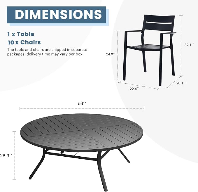 DIFY 11 Piece Outdoor Patio Dining Set for 10, 63" Round Dining Table with Umbrella Hole and Stackable Metal Chairs, Patio Table and Chairs Set for Backyard Garden Poolside, Black