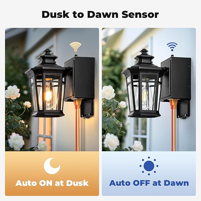 Gleamz Porch Lights with Outlet, Black 2-Pack Dusk to Dawn Outdoor Lighting with GFCI Outlet, 9in H Exterior Light Fixtures Waterproof Anti-Rust, Outside Lights for House,Front Door,Garage,Backyard