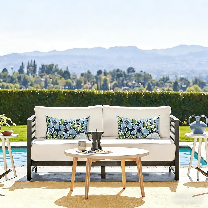 LVTXIII Set of 2 Patio Lumbar Pillows, 12" x 20" Fade Resistant Outdoor Lumbar Pillow with Inners, Fluffy Decorative Garden Lumbar Cushions for Home Patio Coach Sofa Use, Azure Botanical Symphony‌