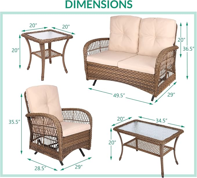VIVIJASON 5-Piece Outdoor Patio Wicker Conversation Sets, All Weather Outdoor Rattan Furniture Set Includes Glider Loveseat, 2 Coffee Table, 2 Glider Rocker Chairs with Cushions, Light Brown