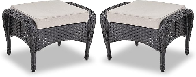 Belord Outdoor Ottomans for Patio Foot Rest - 25 Inch PE Wicker Foot Stool Set of 2 with Removable Cushions for Patio Furniture Sets,All Weather Rattan Ottoman for Balcony Backyard Black/Beige