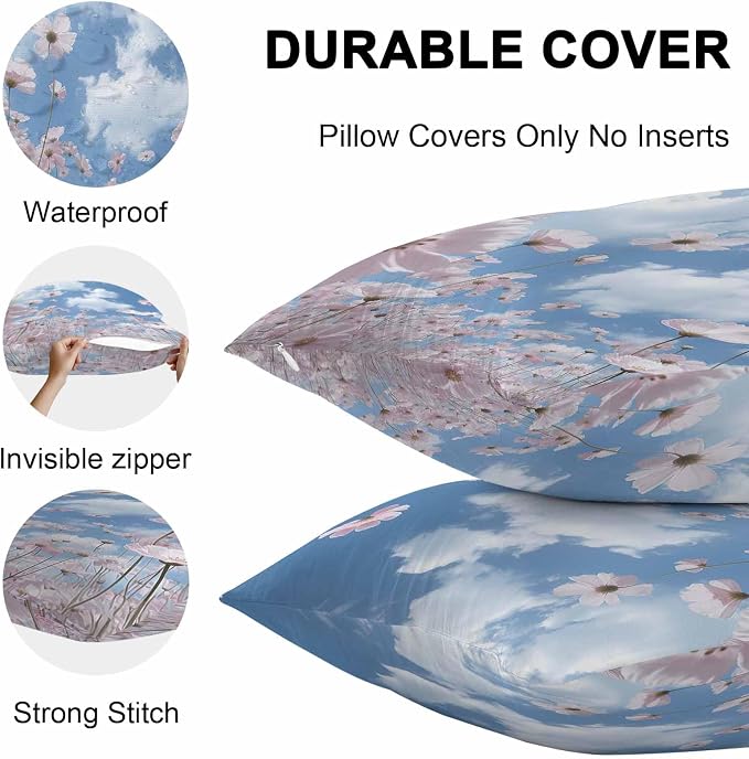 Vandarllin Outdoor Throw Pillows Covers 24x24 inch Set of 2 Waterproof Blue Sky Cloud Decorative Zippered Cushion Covers for Patio Furniture, Pink Flower Lumbar Pillowcases