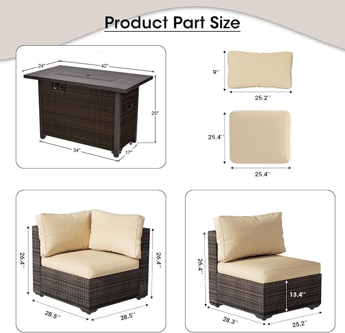 Patio Furniture Set with Fire Pit Table, Outdoor Sectional Rattan Sofa Set, Patio Set Seating Furniture with Thickened Cushions (Beige, 7 Pieces)