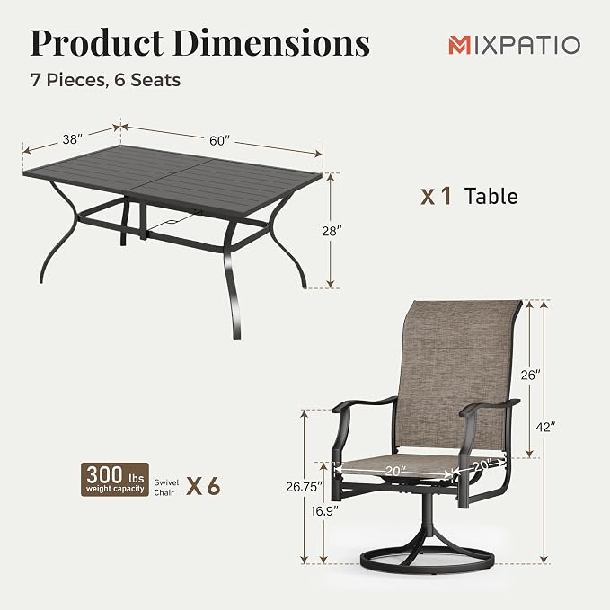 MIXPATIO 7 Pieces Patio Dining Set, Outdoor Table and Chairs, 6 x Textilene Swivel Dining Chairs and 60" Rectangle Black Table, for Cozy Garden Settings, Grey-Brown