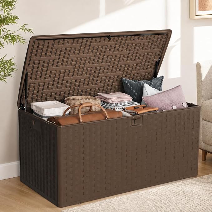 Patikuin 100 Gallon Outdoor Deck Storage Box with Hydraulic Gas Struts, Waterproof Resin Patio Container with Lockable Lid, Soft-Close, Handles & 2-Seat Bench for Garden Tools, Cushions, Brown