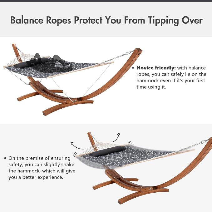 ANOW Heavy Duty Curved Wood Arc Stand with 2 Person Hammock, 13.5FT Larch Wood Stand with 2 Chains, 4 Balance Ropes and 4 Carabiners, Includes Gray Cube Hammock with Spreader Bars
