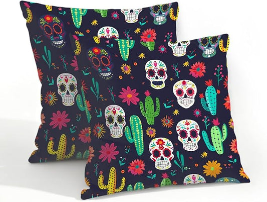 20x20 Inch Outdoor Pillow Covers Set of 2 Waterproof Throw Pillow Covers Decorative Couch Cushion Covers Mexican Skulls Cacti Flowers Square Pillowcases Protectors for Patio Garden Sofa