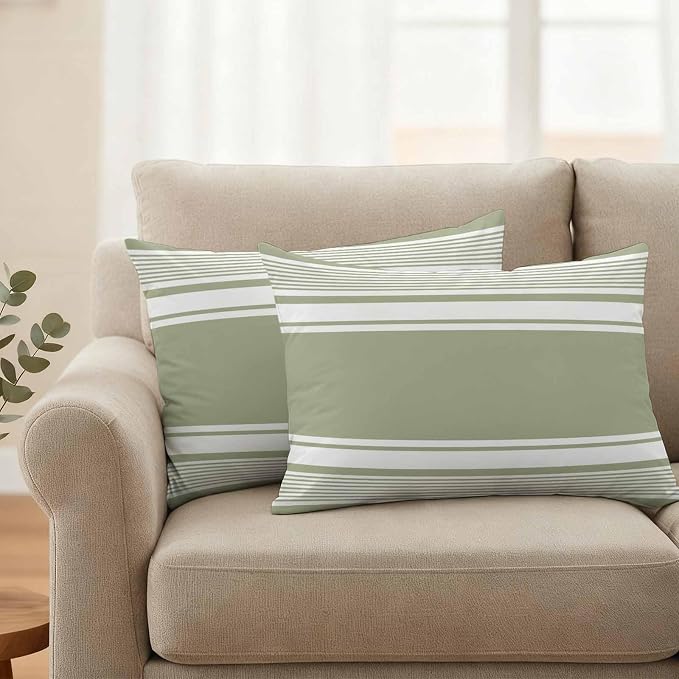 Outdoor Waterproof Throw Pillow Covers, Sage Green Striped Decorative Pillow Cases, Modern Color Block Farmhouse Stripes Couch Pillow Protector Patio Sofa Cushion Covers Replacement 20"x12" 2 Pack