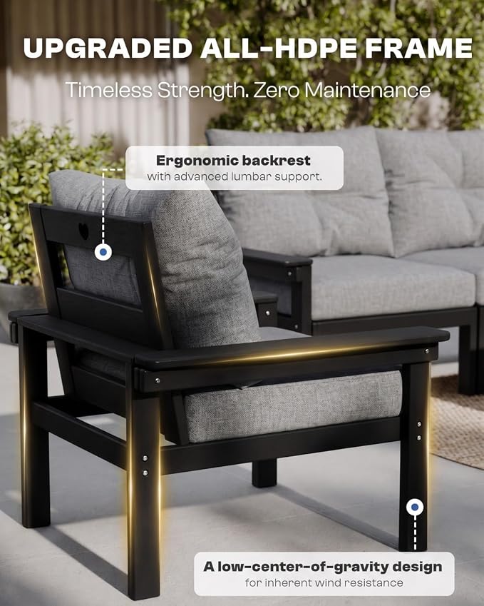 HDPE Outdoor Patio Furniture Set, 11-Piece Sectional Set with 3-Seat Sofa, 4 Armchairs & 4 Tables, All-Weather Couch with Grey Washable Cushions for Porch (Black Frame)