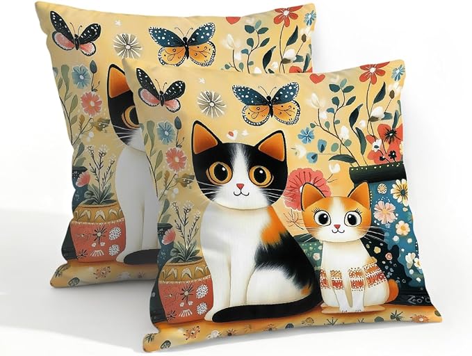 20x20 Inch Outdoor Pillow Covers Set of 2 Waterproof Throw Pillow Covers Decorative Couch Cushion Covers Charming Boho Floral Cats Square Pillowcases Protectors for Patio Garden Sofa