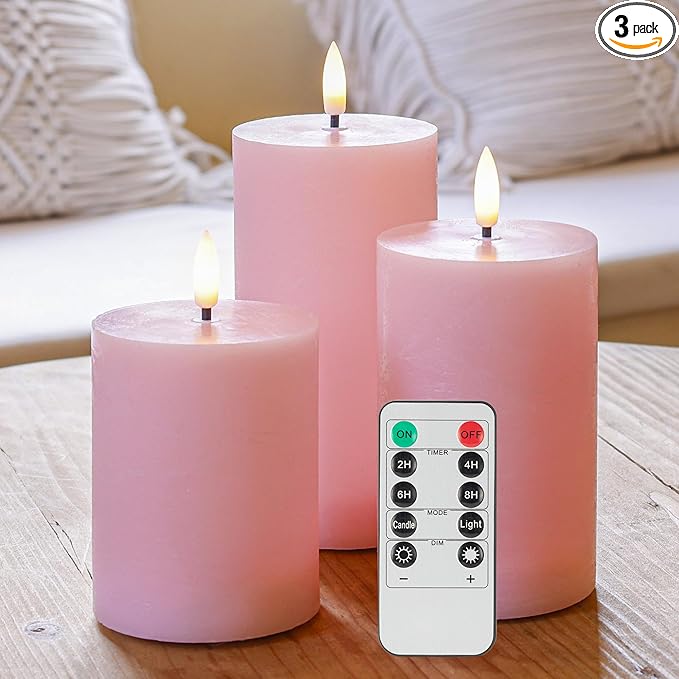 Pink Flameless Pillar Candles, Real Wax Battery Operated Candles with Remote, Flat Top Flickering Flameless Candles, LED Candles for Home Party Wedding Romantic Night Decor, Set of 3