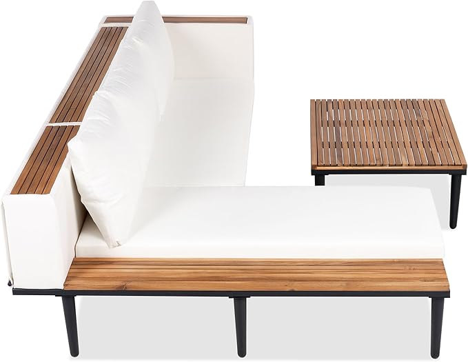 VilroCaz Luxury Outdoor Patio Furniture Set, L-Shaped Acacia Wood Sectional Sofa with Side Table, All-Weather Conversation Set with Removable Cushions and Coffee Table for Backyard Porch (Beige-4.20)