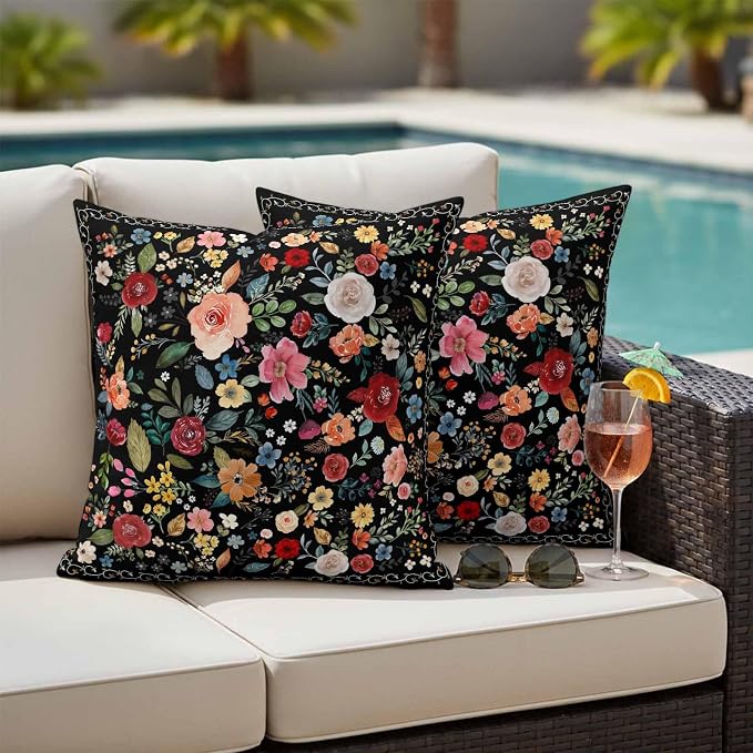 Watercolor Flowers Waterproof Outdoor Pillow Covers 24''x24'' Set of 2, Farmhouse Floral Patio Furniture Black Cushion Covers for Chairs, Decorative Vintage Wildflowers Pillow Cases for Garden/Pool