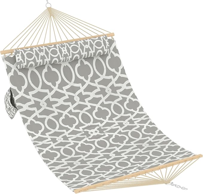 Double Quilted Hammock for 2 Adults – 350cm Large Outdoor Garden Swing Bed with Hardwood Spreader Bars, Detachable Pillow, 450lbs Capacity, Weather-Resistant, Ideal for Patio, Backyard