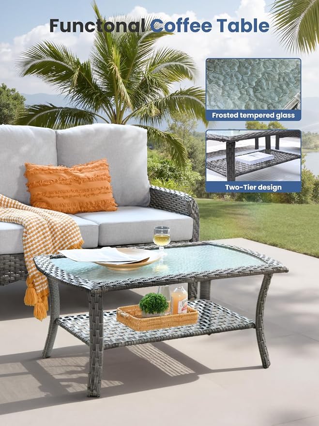 8-Piece Outdoor Patio Furniture Set with Swivel Chairs, Outdoor Conversation Wicker Sofa with Coffee Table, Rattan Couch for Deck Yard Poolside, Grey