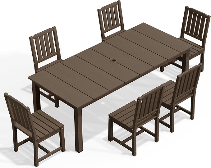 AreShark 7-Piece Outdoor Dining Set,HDPE Patio Table with 6 Armless Chairs,All-Weather Patio Furniture Set with Umbrella Hole,Low Maintenance Wood Grain Dining Set for Backyard,Garden,Poolside,Black