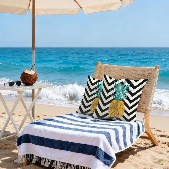 20x20 Inch Outdoor Pillow Covers Set of 2 Waterproof Throw Pillow Covers Decorative Couch Cushion Covers Pineapple On Stripes Square Pillowcases Protectors for Patio Garden Sofa