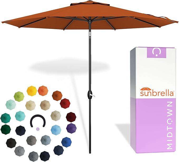 Midtown Umbrellas - The Lean 9 Ft Patio Umbrella with Fade-Resistant Sunbrella Fabric, Auto-Tilt Aluminum Frame and 8 Reinforced Ribs for Deck, Pool & Garden - Terracotta Canopy, Black Pole