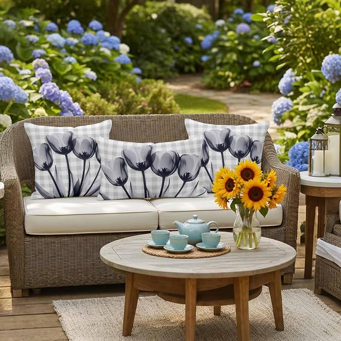 Grey Tulip Waterproof Outdoor Pillow Covers Set of 2 Home Decor, Farmhouse Elegant Flowers Checkered Pillowcase Patio Pillow Covers for Couch Bench Furniture Garden 18x18in