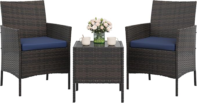 Garvee Patio Conversation Set 3 Piece, Brown Wicker Rattan Outdoor Furniture Set with Cushioned Chairs and Glass Top Coffee Table for Small Patio, Porch, Balcony, Backyard