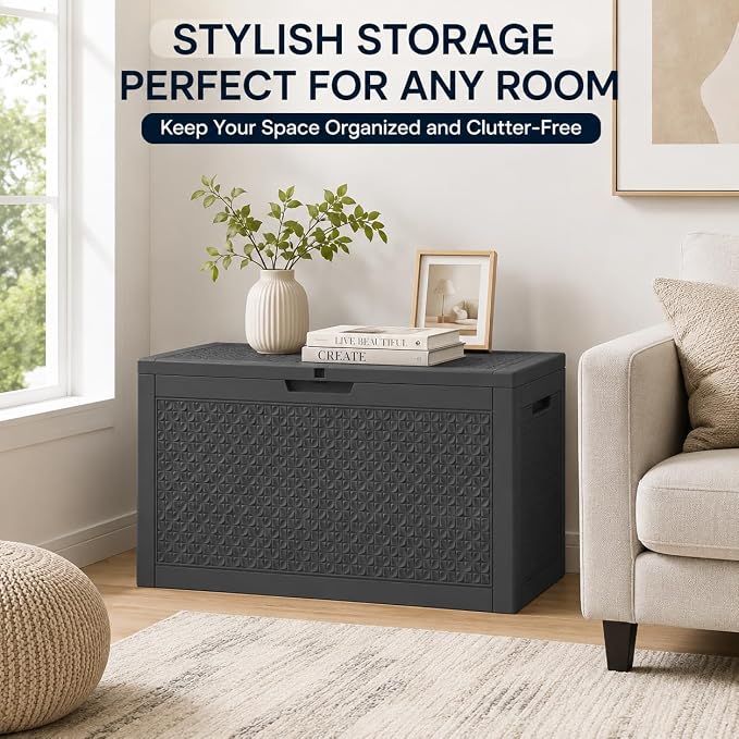 102 Gallon Outdoor Storage Box, Resin Deck Box Waterproof & Lockable, Patio Cushion Storage Bench for Garden, Pool, Furniture & Tools, UV Resistant Heavy Duty, Black