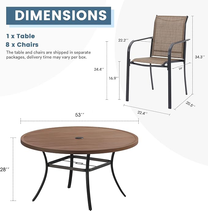 DIFY Outdoor Dining Set for 8, Patio Dining Furniture Set Includes 53" Walnut Round Table with Adjustable Umbrella Hole and 8 Brown Stackable Metal Chairs for Poolside, Garden, Backyard