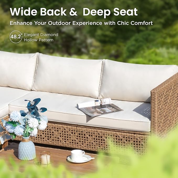 PHI VILLA Wicker Patio Furniture Set, Rattan Patio Sectional Sofa Outdoor Couch Set with Acacia Wood Coffee Table, 7 Pieces U-Shaped Patio Conversation Set for Backyard Porch, Beige Cushion
