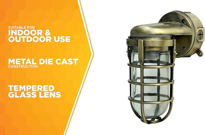 Woods L1707SVAB Traditional 100W Incandescent Weather Industrial Light; Suitable for Indoor and Outdoor Use; Wall Mount; Metal Die Cast Construction and Tempered Glass Lens; Antique Brass