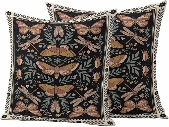 Vintage Butterfly Outdoor Waterproof Pillows Cover Pack of 2 Butterfly Moth Dragonfly Spring Decorative Pillowcases with Zipper Cushion Case for Patio Tent Couch Garden 24 x 24 Inches