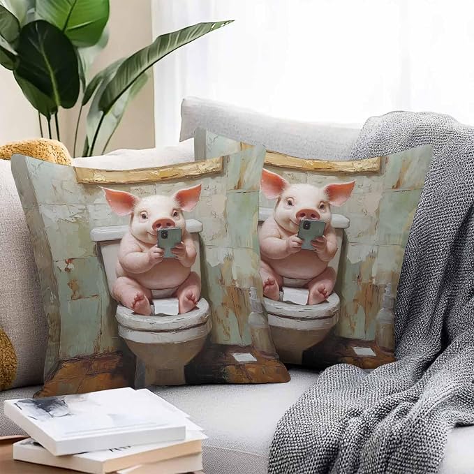 Waterproof Pillow Covers Set of 2 18x18 Inch Vintage Funny Outdoor Cushion Covers Piggy Cell Phone Toilet Decorative Pillow Cases for Patio, Sofa, Couch, Garden, Balcony