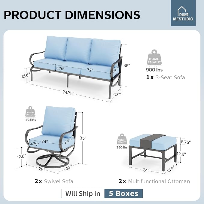 MFSTUDIO 5 Pieces Patio Conversation Sets,Outdoor Metal Furniture Sofas with 1 x 3-Seat Sofa, 2 x Swivel Chairs,2 x Ottoman,Wrought Iron Frame with Blue Cushion for Patio Courtyard Balcony