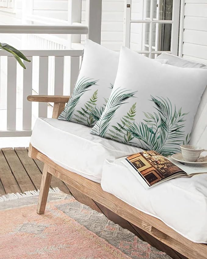 Outdoor Waterproof Throw Pillows Tropical Palm Leaves White Patio Pillows Pack of 2,Decorative Pillow Covers with Insert,Pillow Cushion Case for Garden Couch Sofa Pastoral Green Leaf Plant