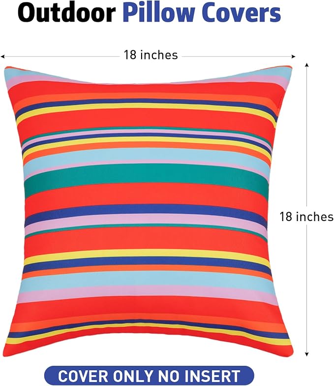 SquarePie Outdoor Pillow Covers Set of 2 Waterproof Decorative Throw Pillow Cases Patio Cushion Covers for Spring Patio Couch Balcony Bench,18x18 inch Color Stripe
