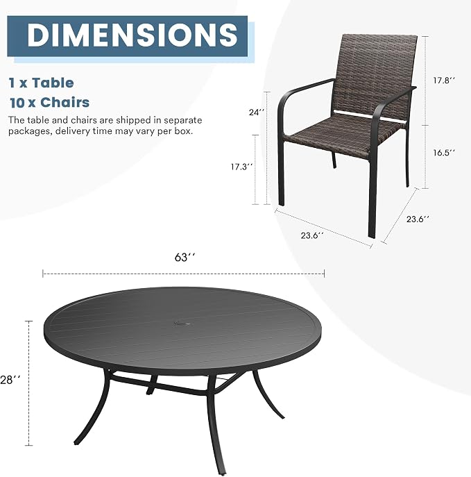 DIFY 11 Piece Outdoor Dining Set, Patio Table and Chairs Set for 10 with Umbrella Hole, 63" Black Round Dining Table & Stackable Wicker Patio Chairs, Metal Patio Furniture Set for Garden Backyard