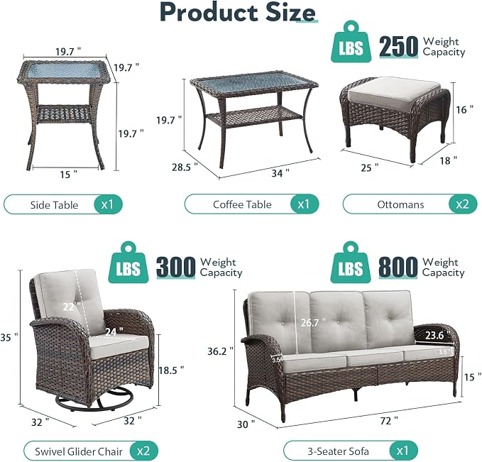 7 Piece Patio Furniture Set - Wicker Patio Conversation Set with Swivel Glider, 3 Seat Sofa, 2 Ottomans, Glass Side Table and Coffee Table for Deck Backyard - Brown Wicker Beige Cushion