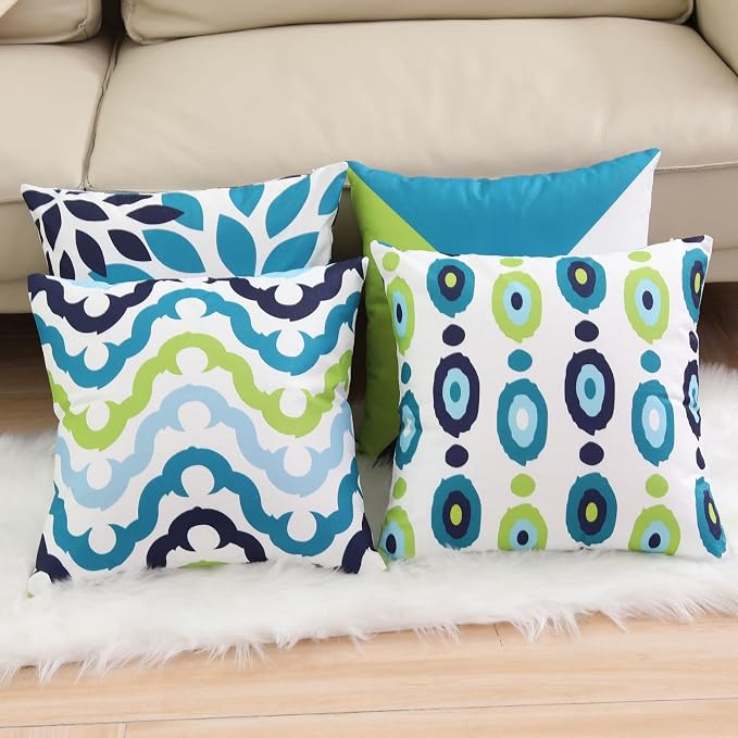 Decorative Green Blue Abstract Throw Pillow Covers 18 x 18 Inch Set of 4, Geometric Cotton Linen Outdoor Cushion Cover Square Pillowcase for Car Sofa Couch Home Decor