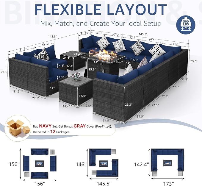 NICESOUL 15 Piece Outdoor Patio Furniture Set with Fire Pit, Extra Large Wide Outdoor Deep Seated Sectional, Cozy 29.3'' High-Back Modular Couch, 500 Lbs High Weight Capacity Wicker Sofa, Gray & Blue