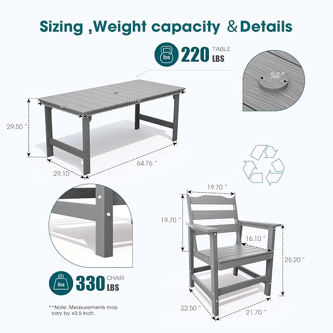 THOEOE Outdoor Dining Chair Set of 2, Patio Dining Chairs with Arms, All-Weather HDPE Outdoor Chairs for Garden, Poolside, Deck, Grey